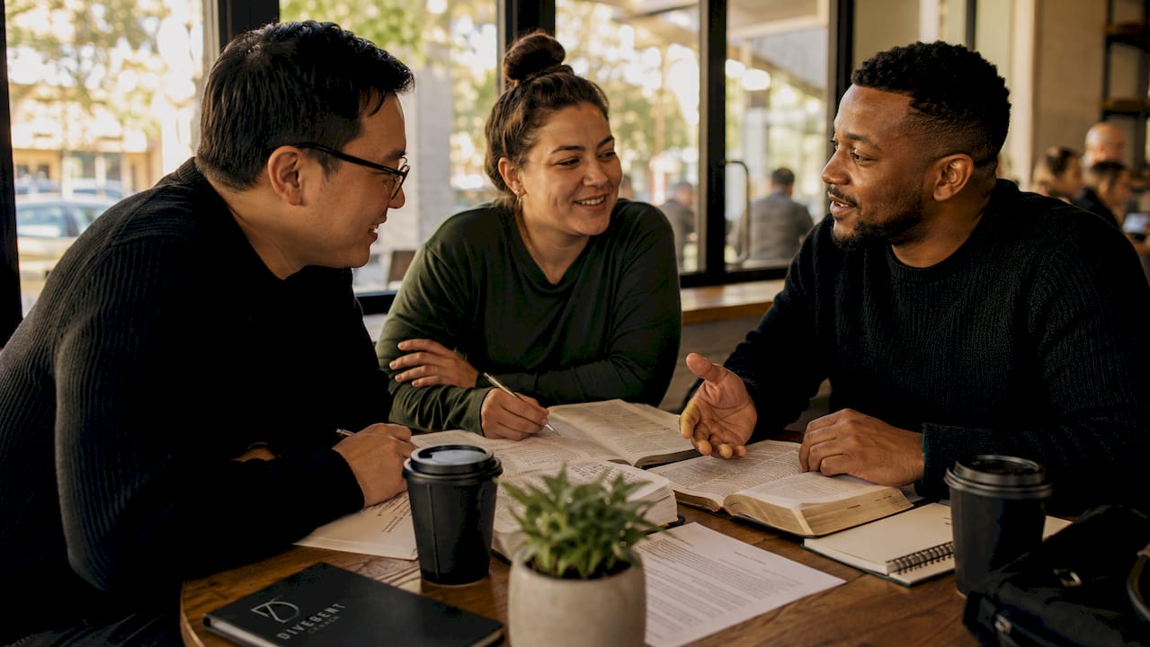 Church leaders discussing leadership roles around table
