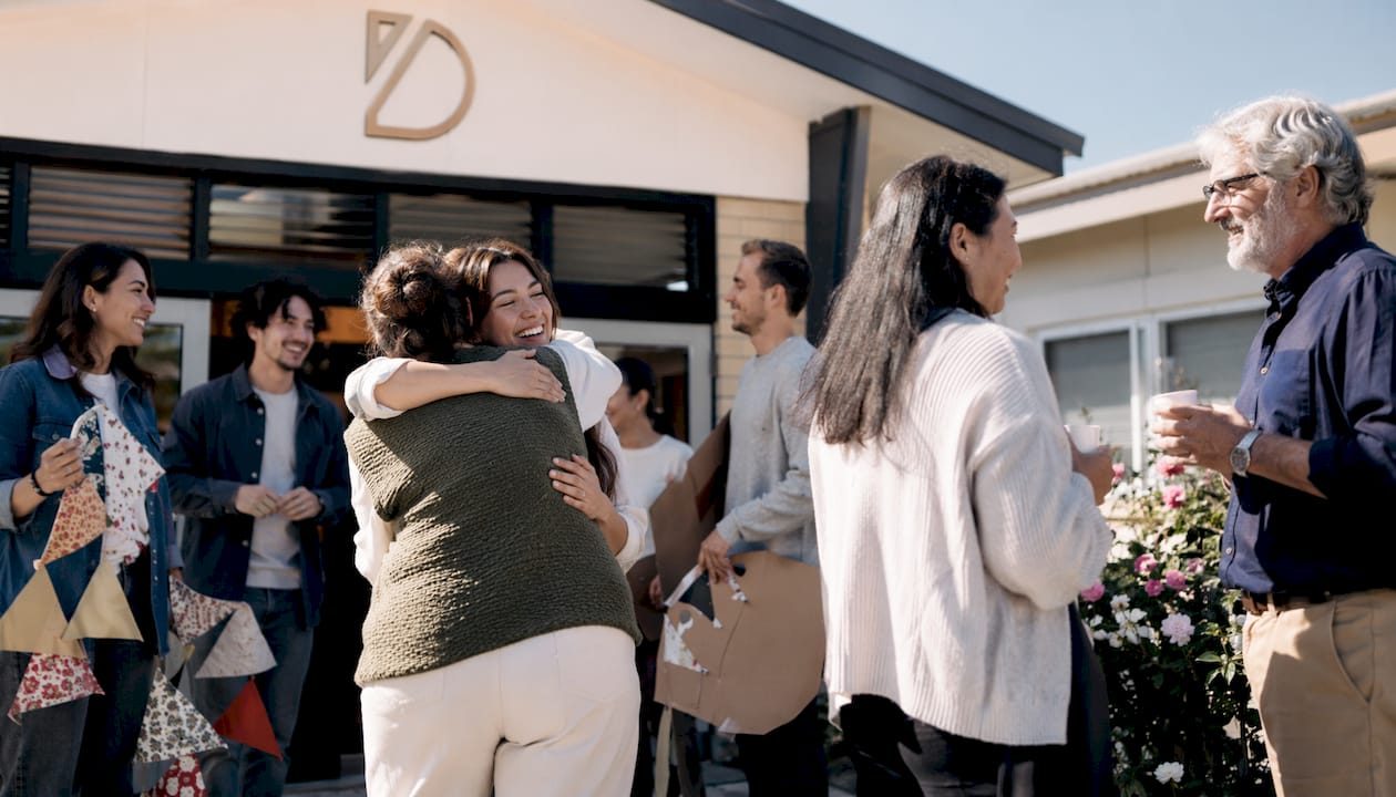 Church community members interacting outdoors