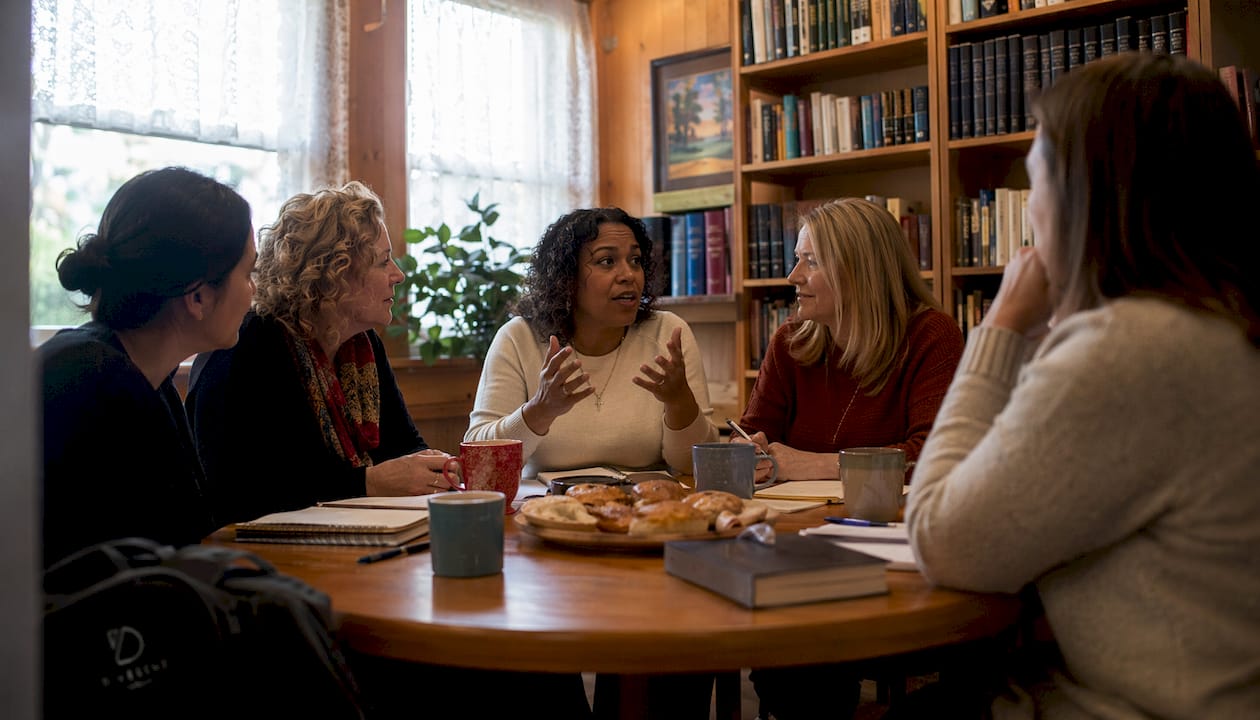 Women discussing church leadership around table