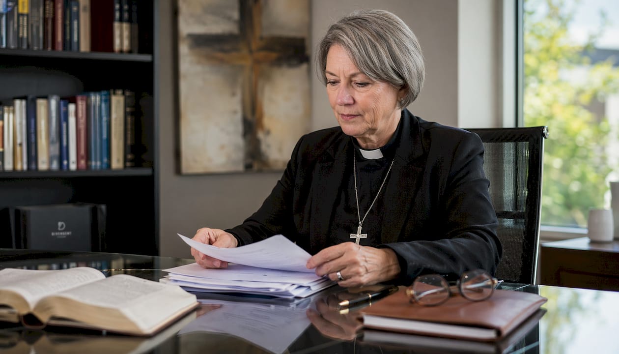Female archbishop in traditional office setting
