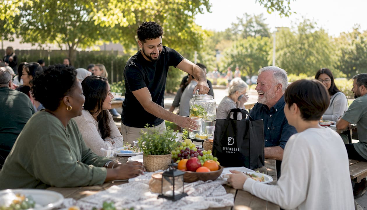 Newcomers engaging in church luncheon