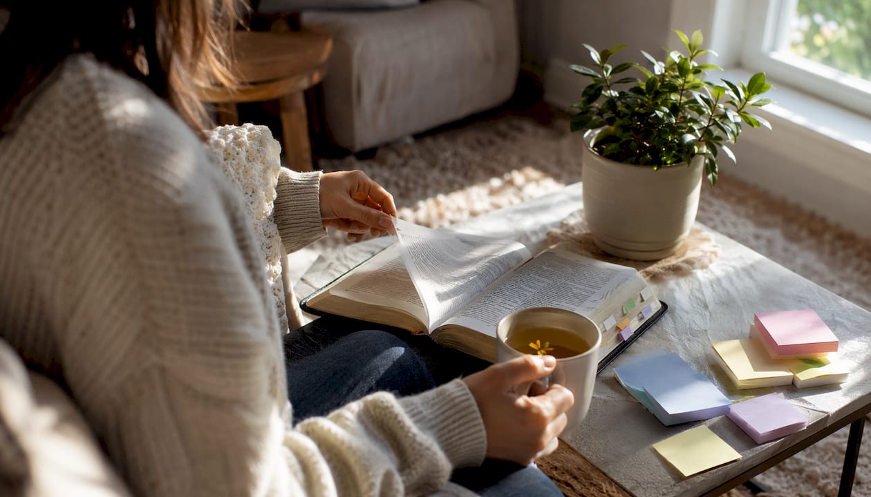 Overhead view of morning Bible study setup with coffee