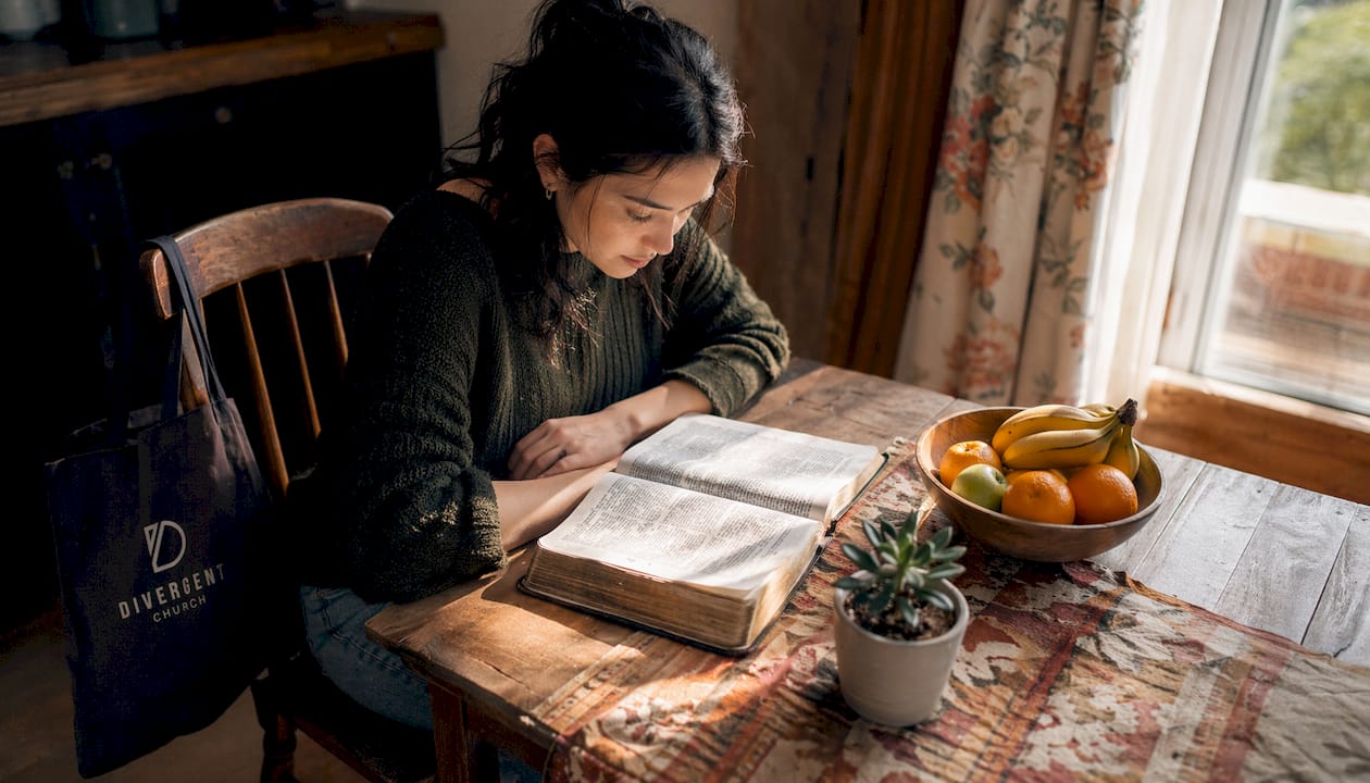 Woman reading Bible in cozy living room