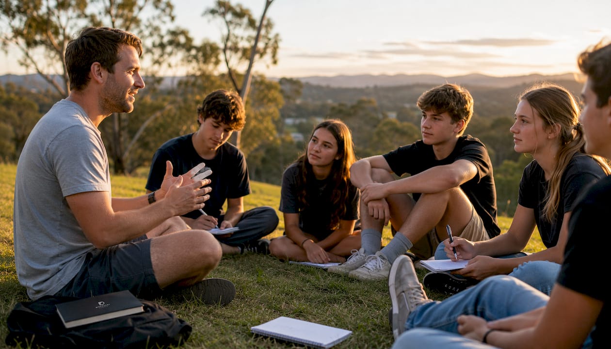 Youth leader teaching teens outdoors in Australia