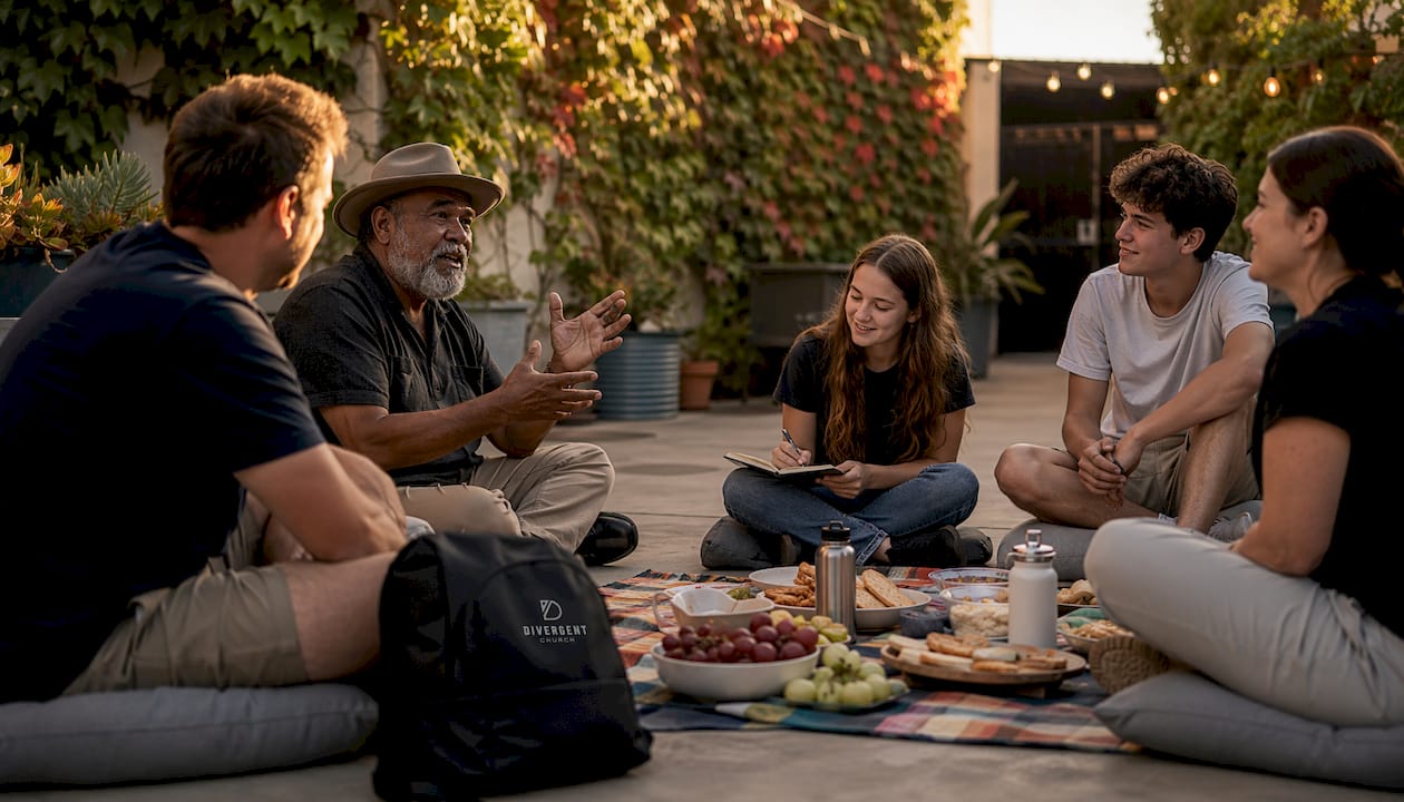 Diverse group in Australian church discussion circle