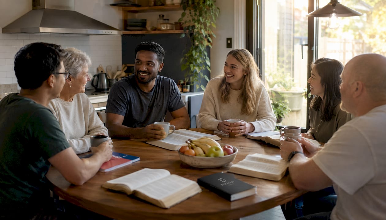 Small group fellowship meeting in home living room