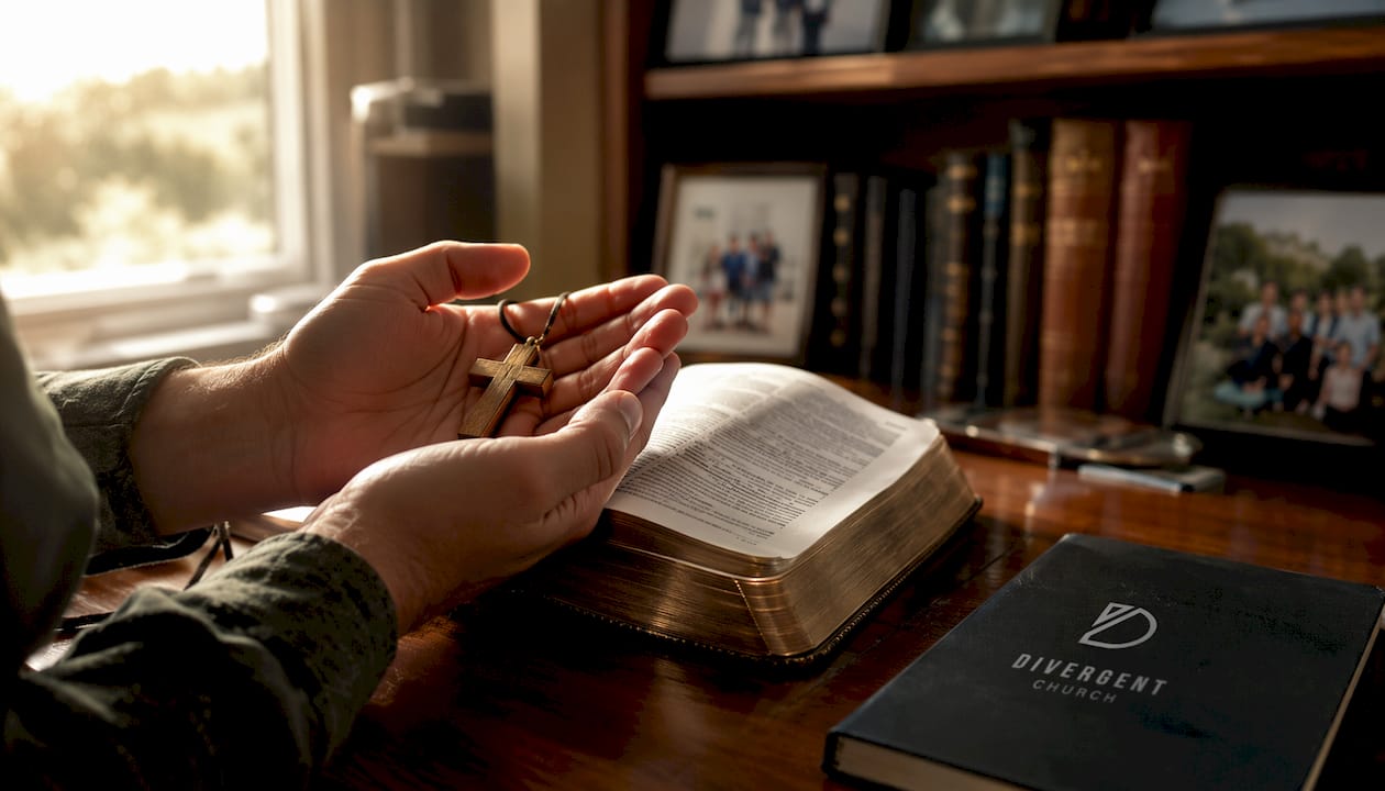 Hands holding cross over open Bible in church