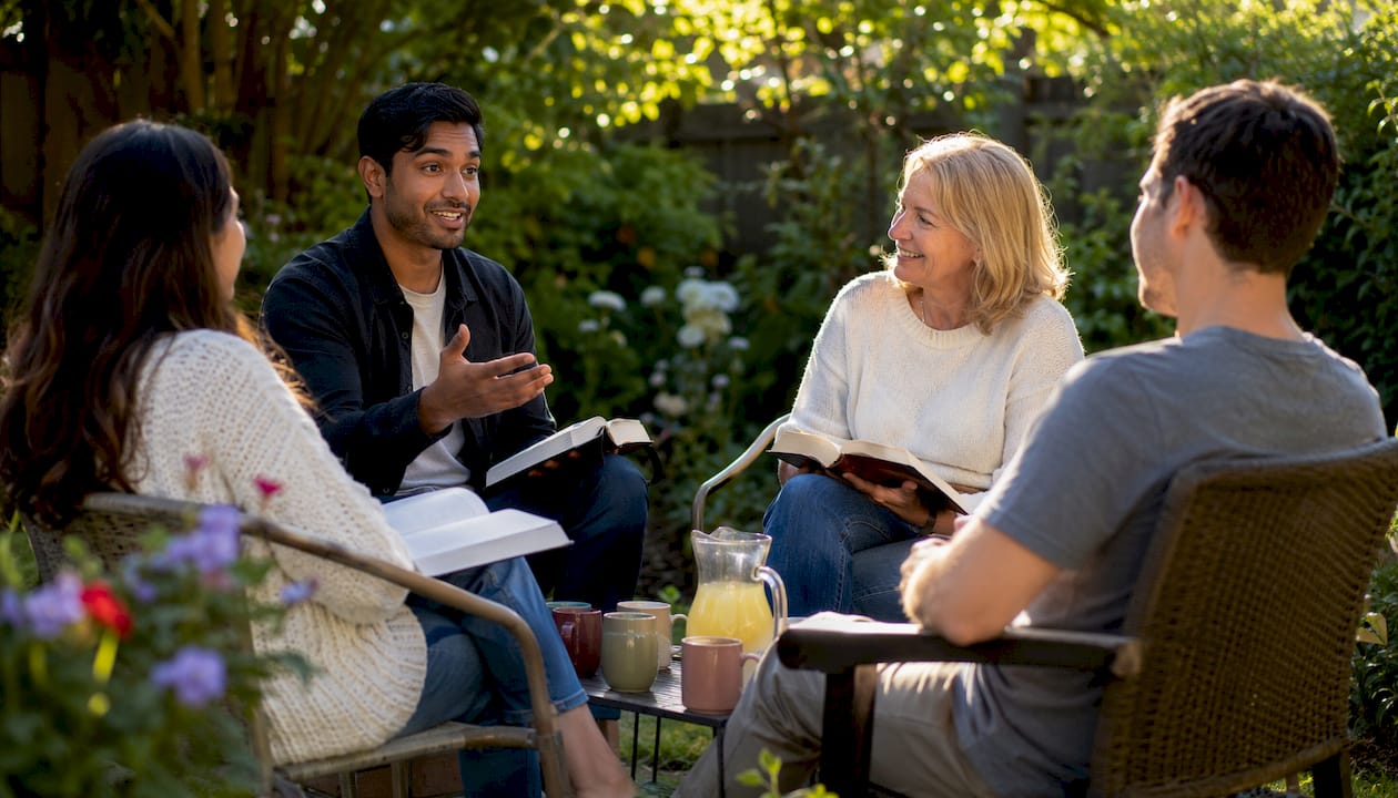 Small group sharing testimony in living room