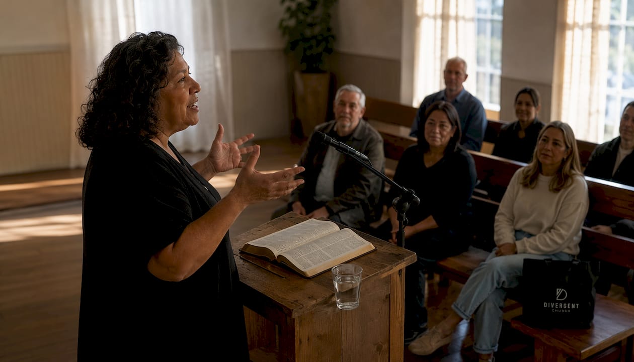 Church leader sharing testimony at pulpit
