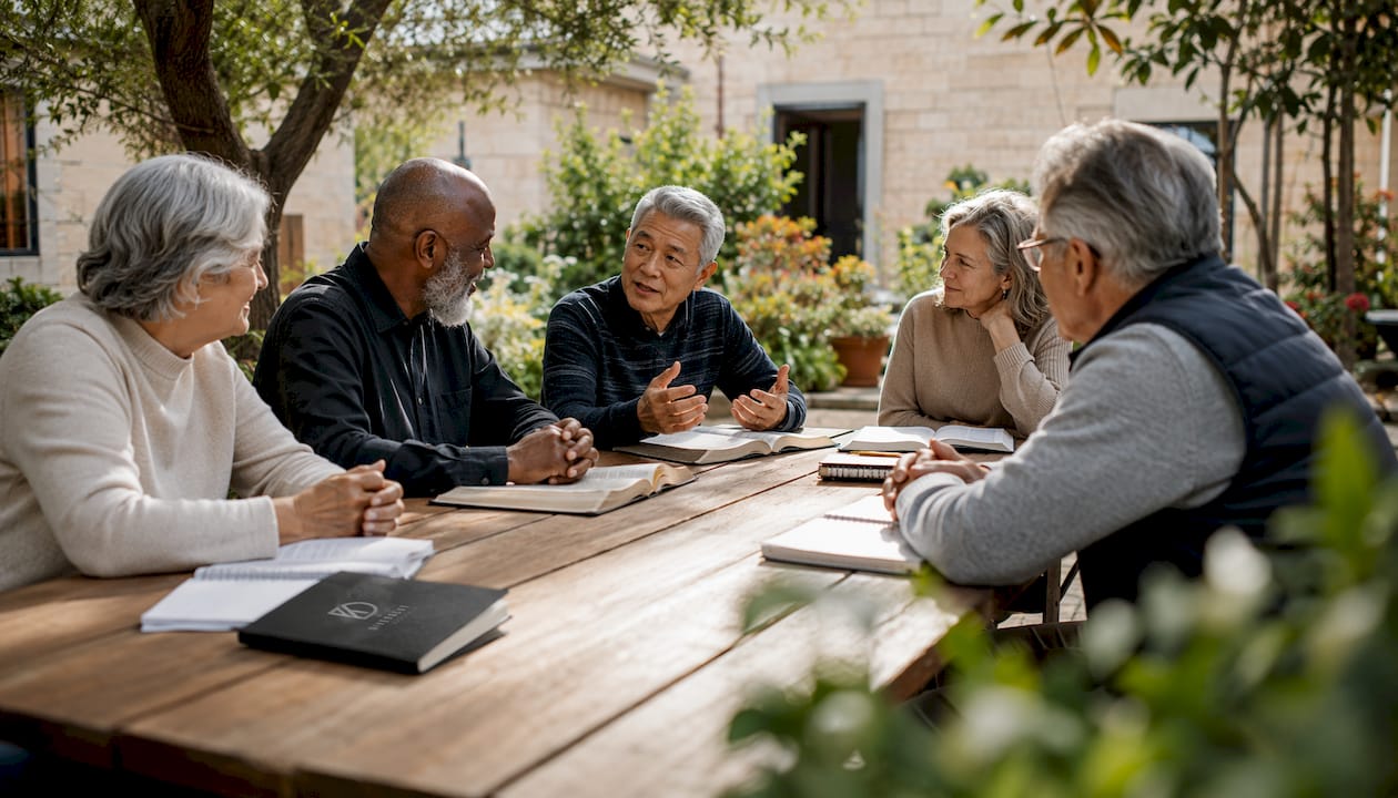 Diverse church elders in meeting discussing Scriptures