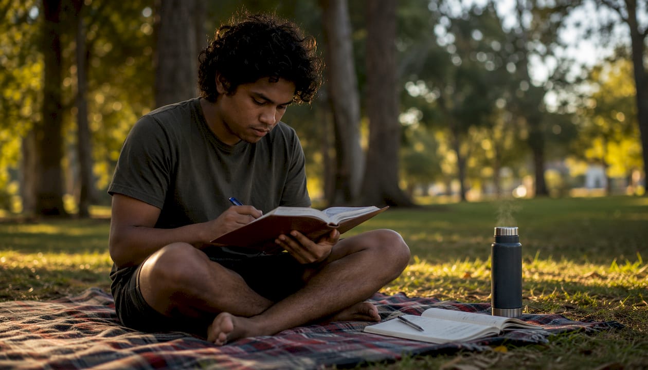 Man studying Bible at home table lit by morning light