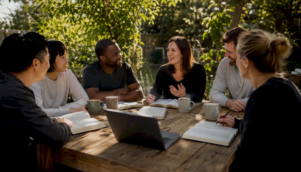 Diverse church group discussing Bible study