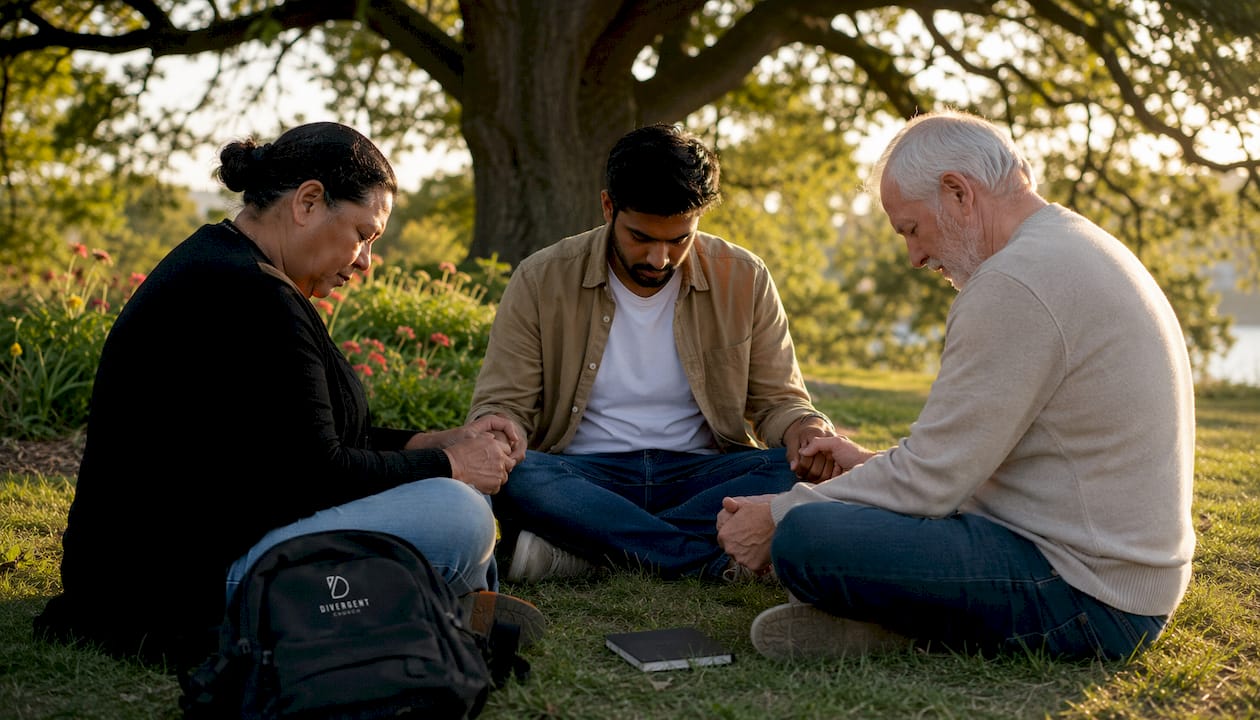 People praying together in church sanctuary