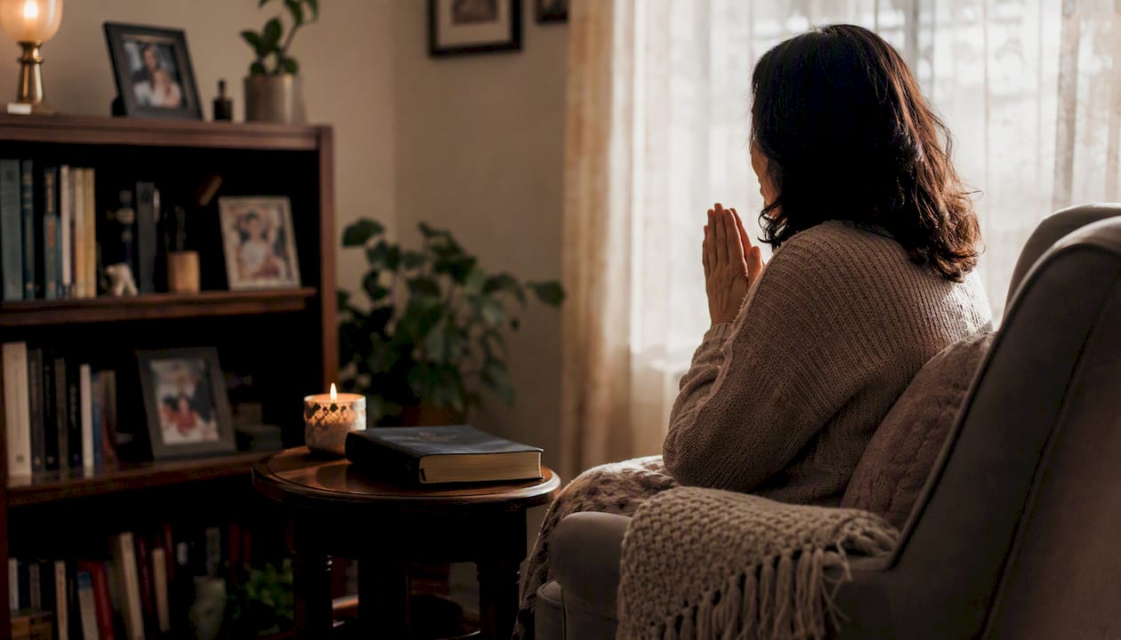 Elderly woman praying at bedside in bedroom