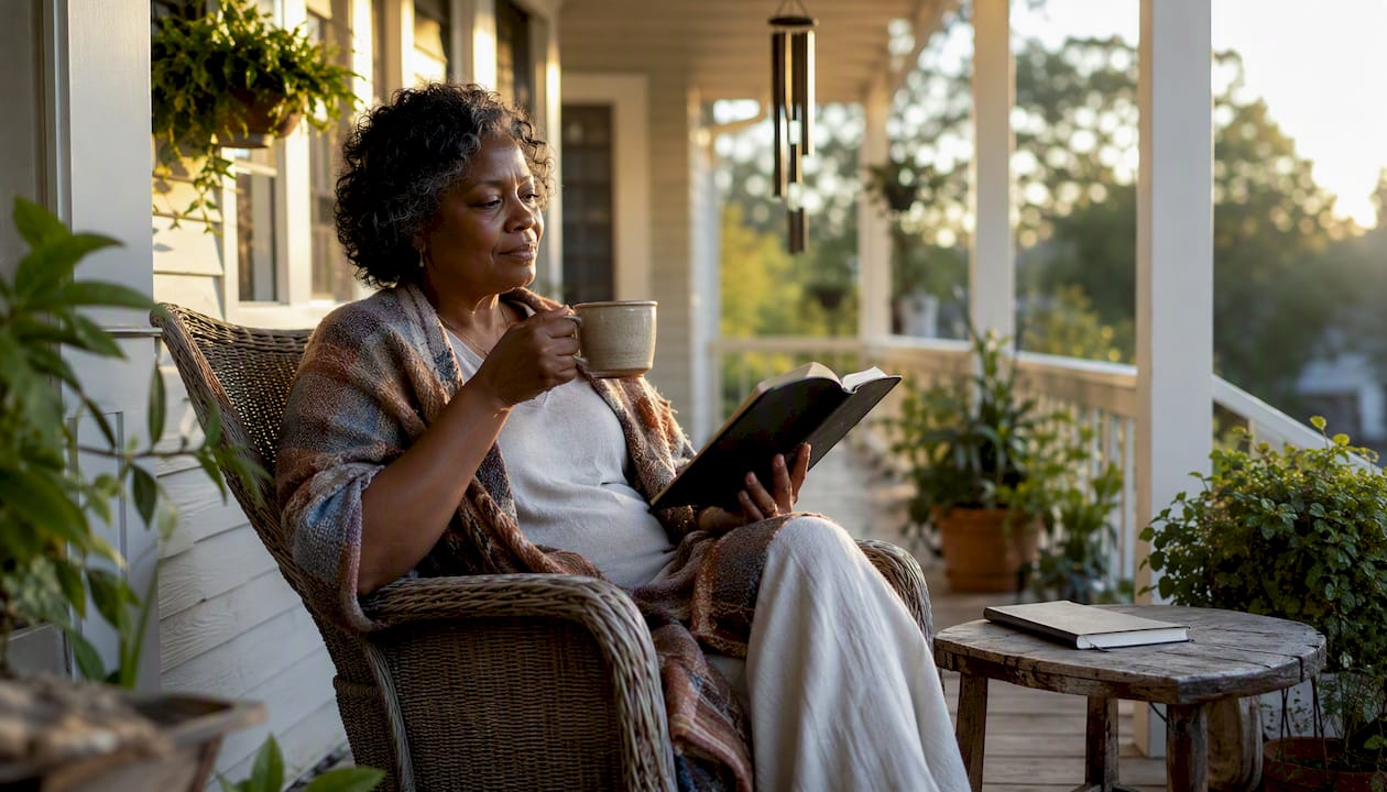 Woman reading Bible and drinking tea at kitchen table