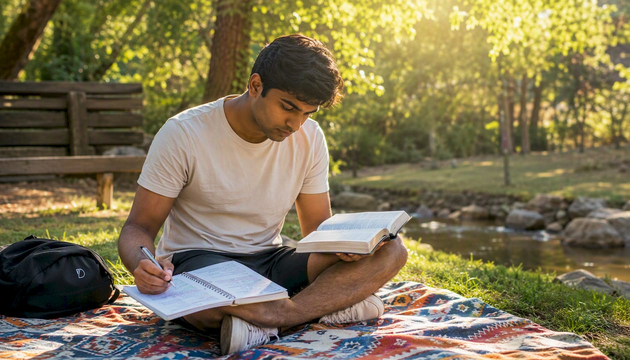 Man studying Bible and journaling on floor