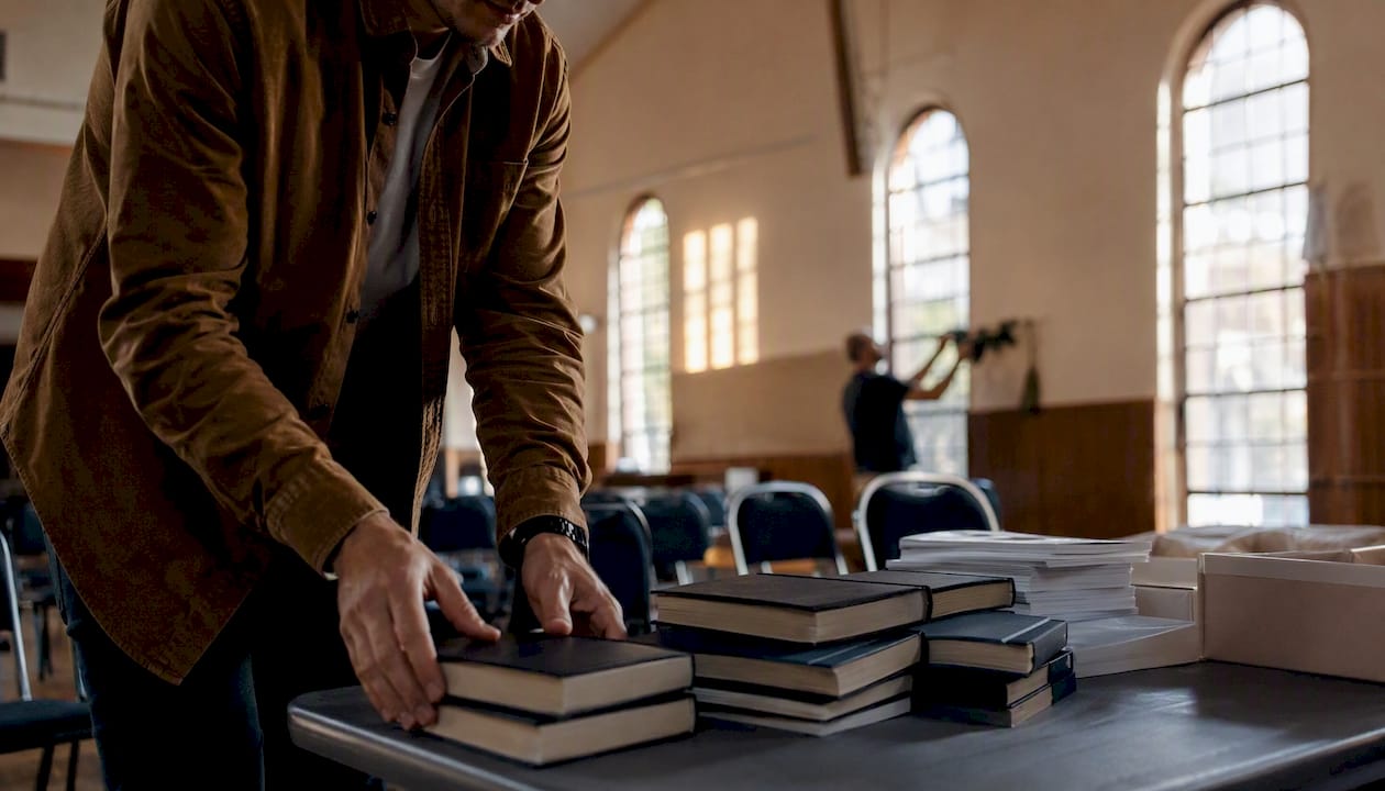 Hands setting up chairs for Christian event