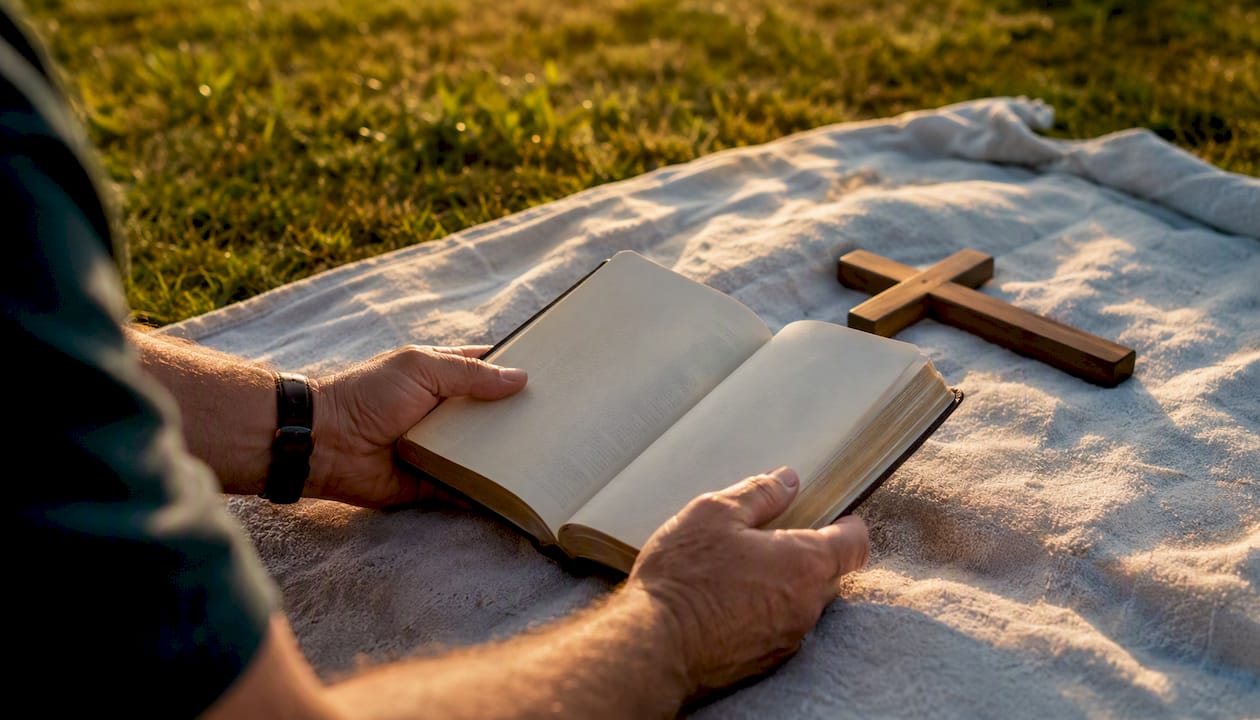 Hands holding an open Bible in morning light