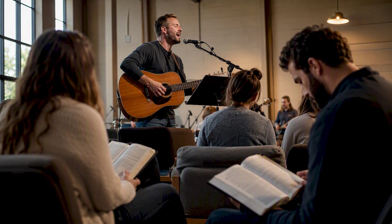 Worship band leader playing guitar during service