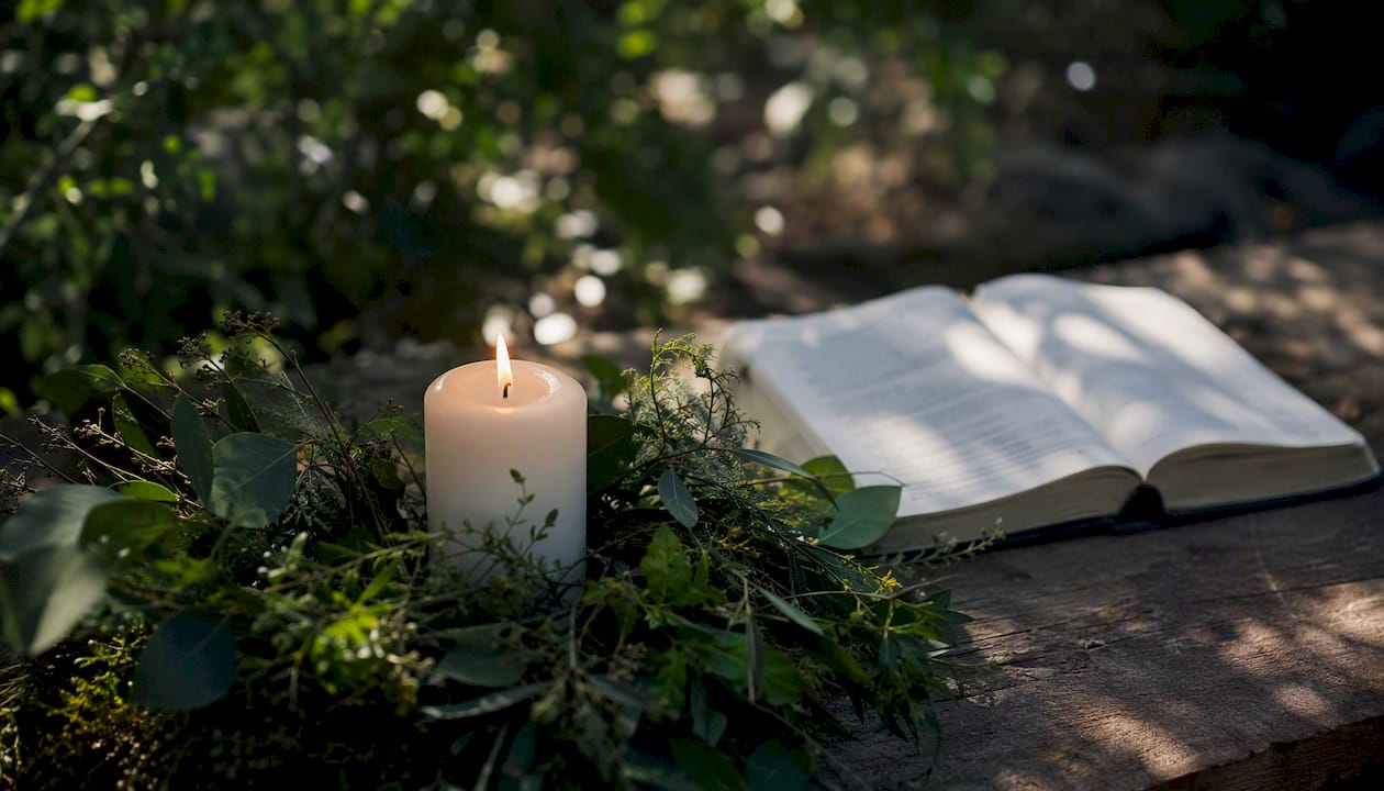 Candle and hymn book at church altar