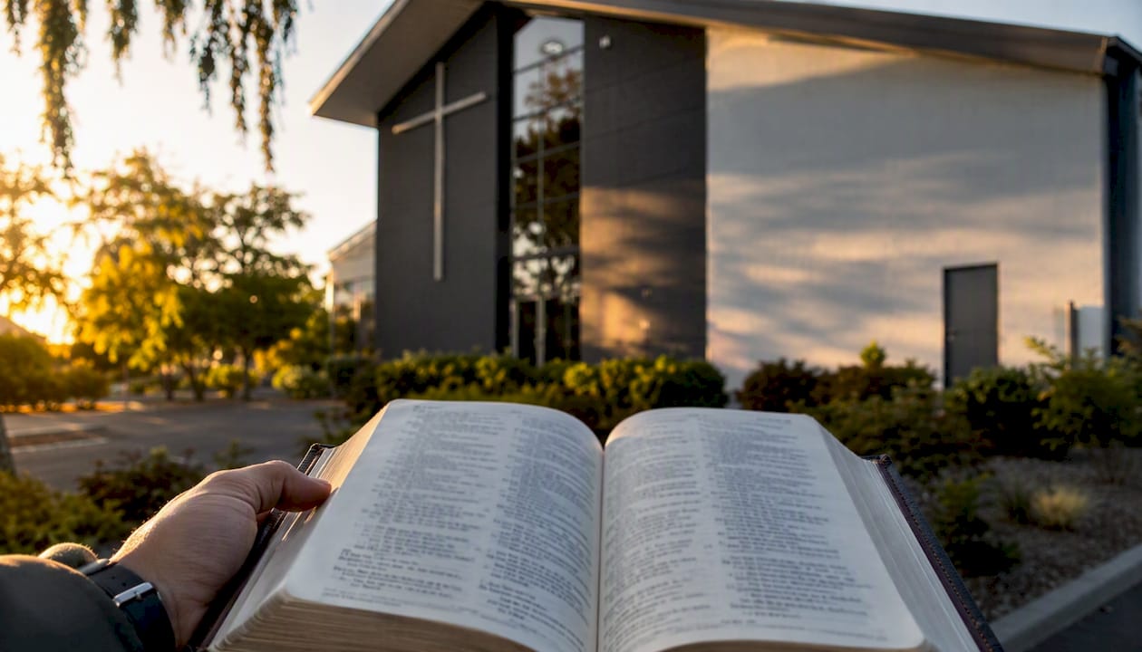 Hands holding Bible outside church at dawn