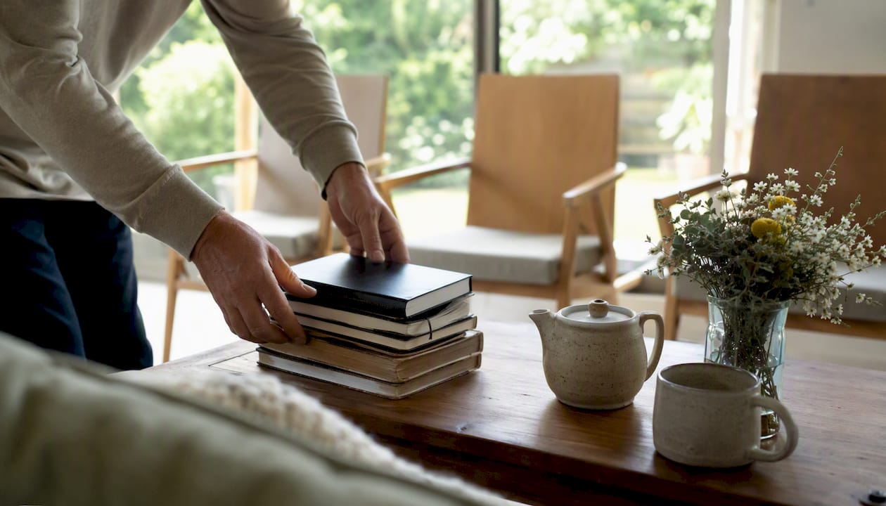Hands setting table for small group meeting