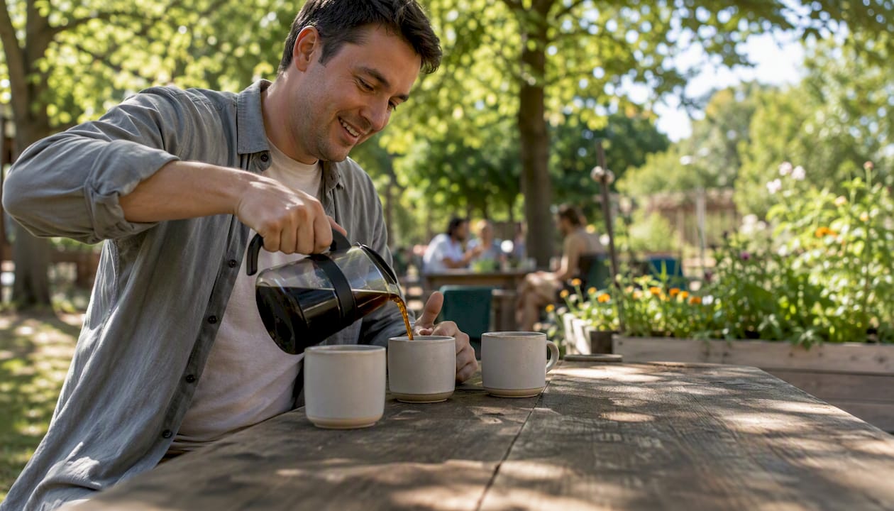 Volunteer pouring coffee for community service