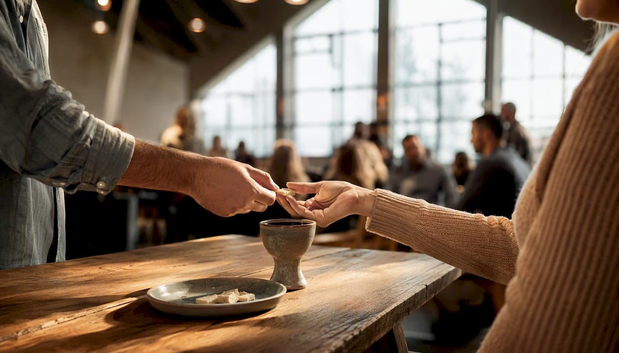 Hands sharing communion bread during service