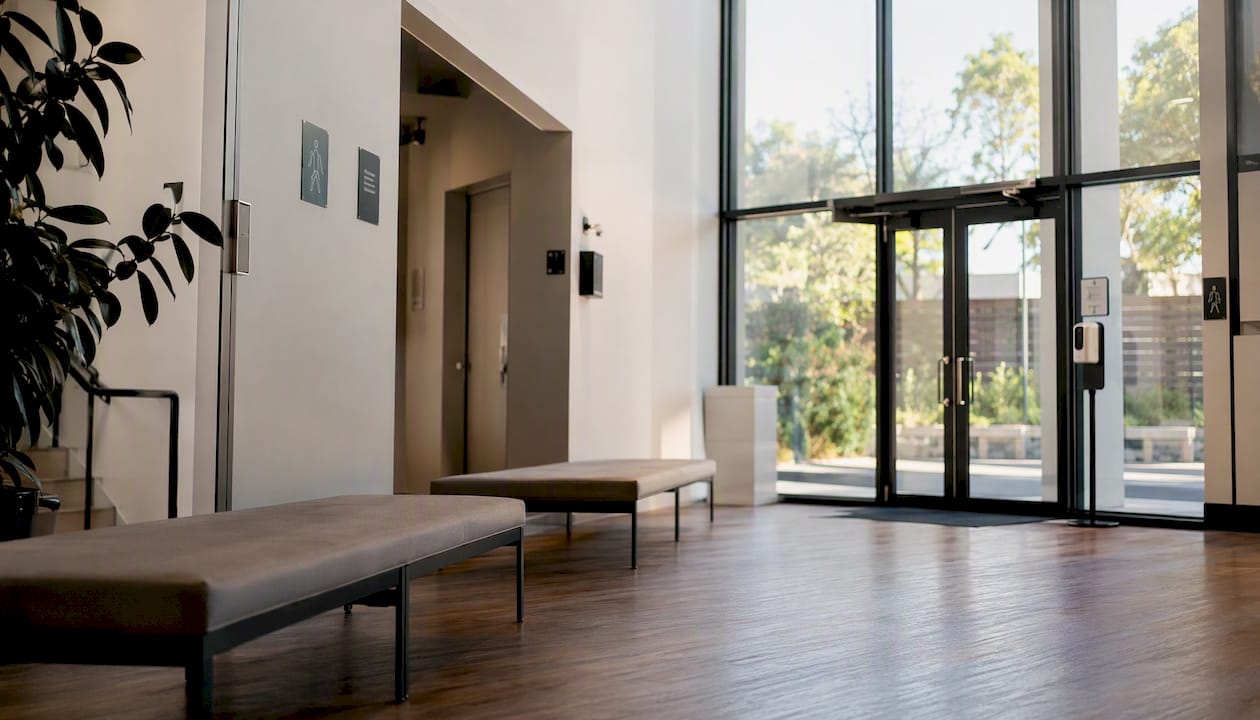 Empty church foyer with safety measures