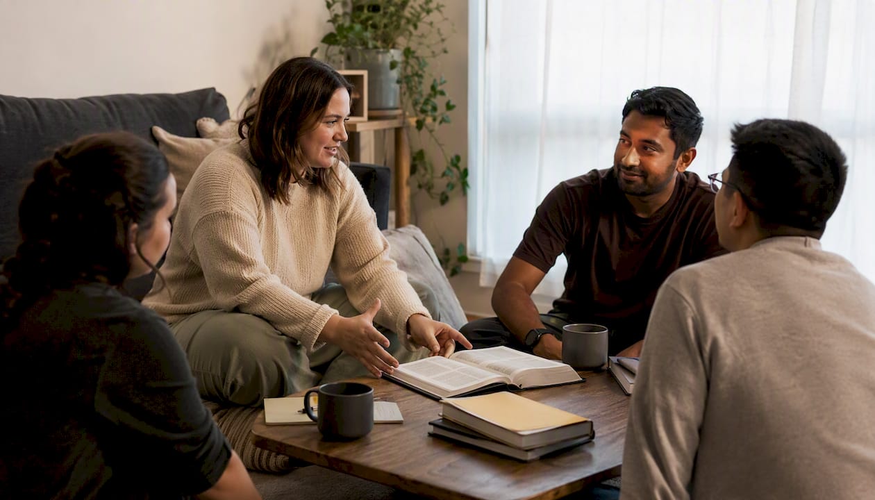 Small group Bible discussion at table