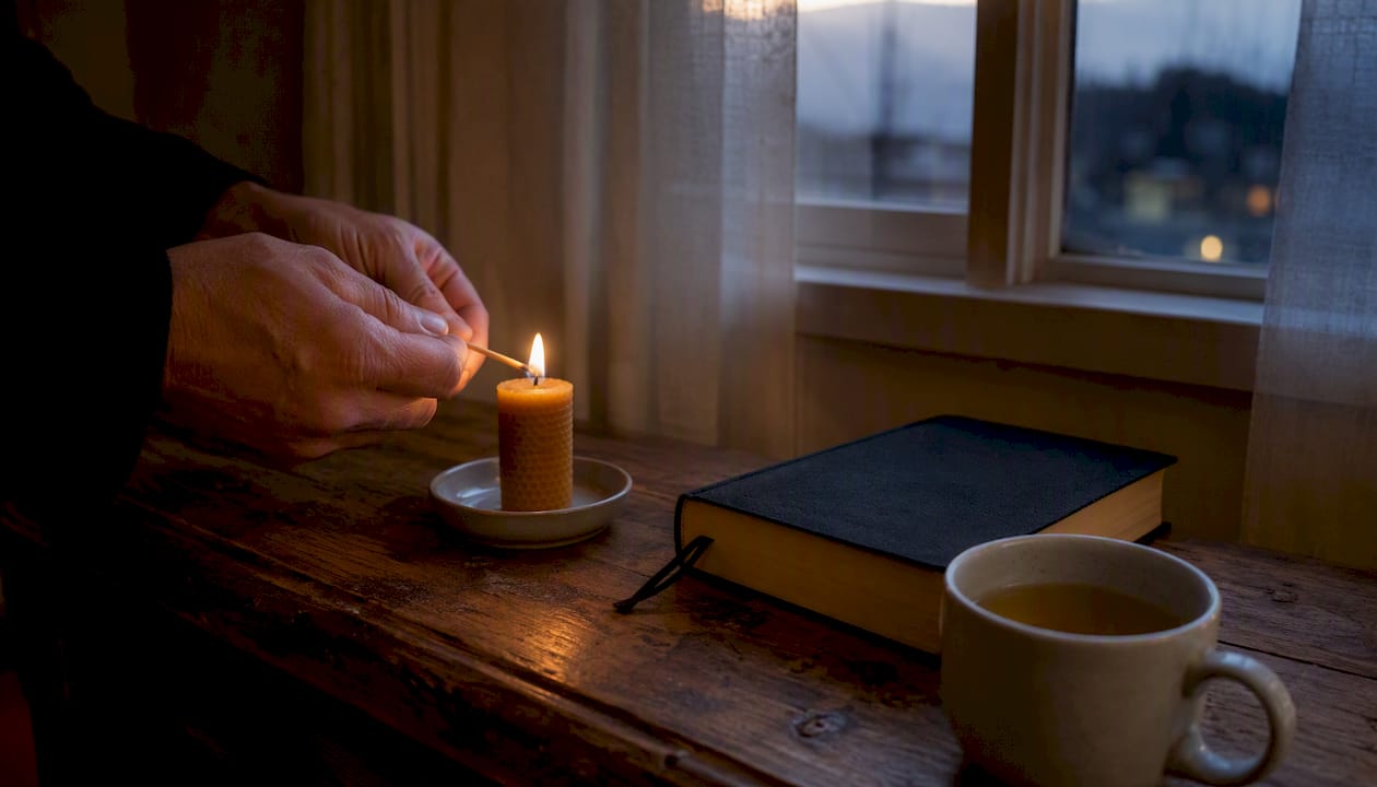 Hands lighting prayer candle near Bible and tea