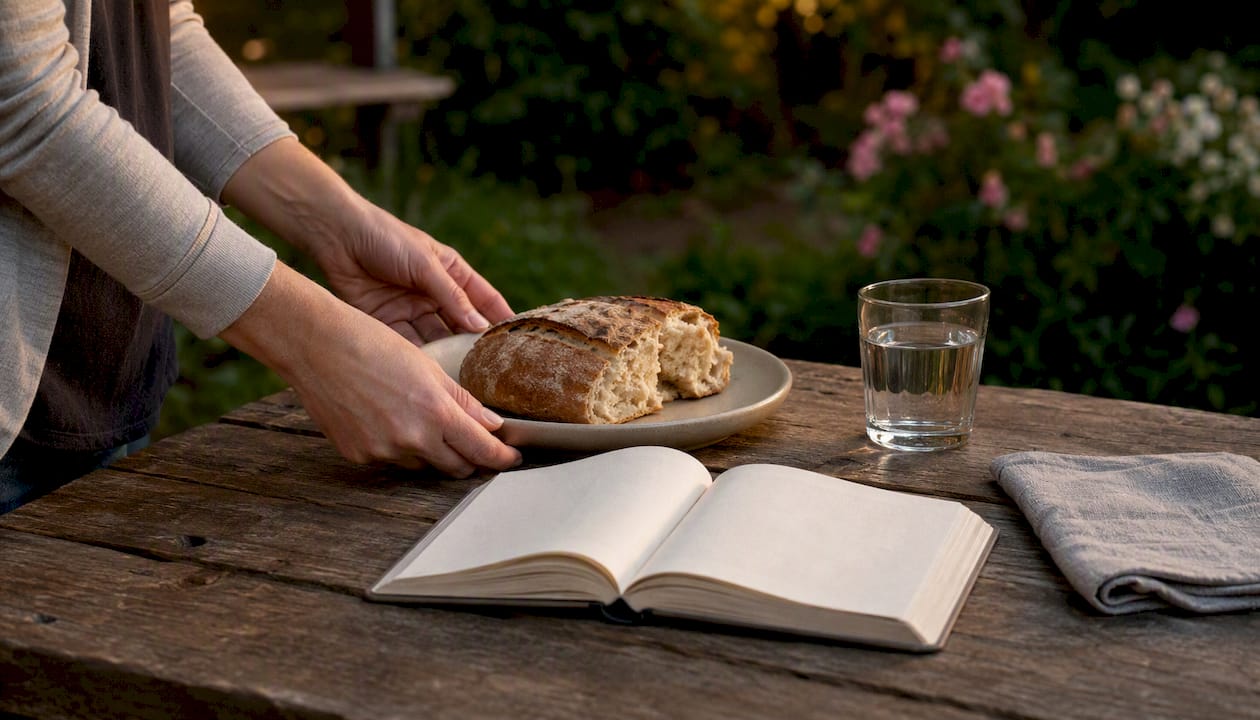 Hands placing bread near open Bible on table