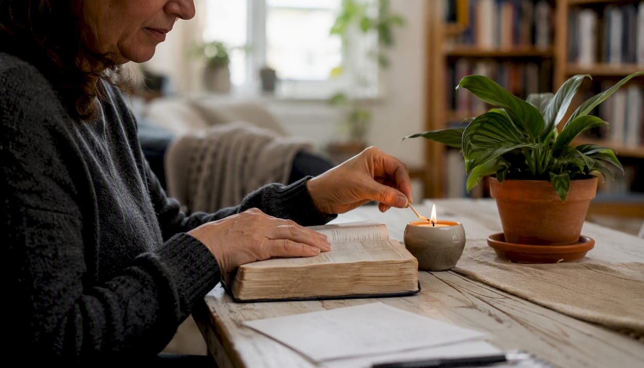 Hands lighting candle by Bible on table