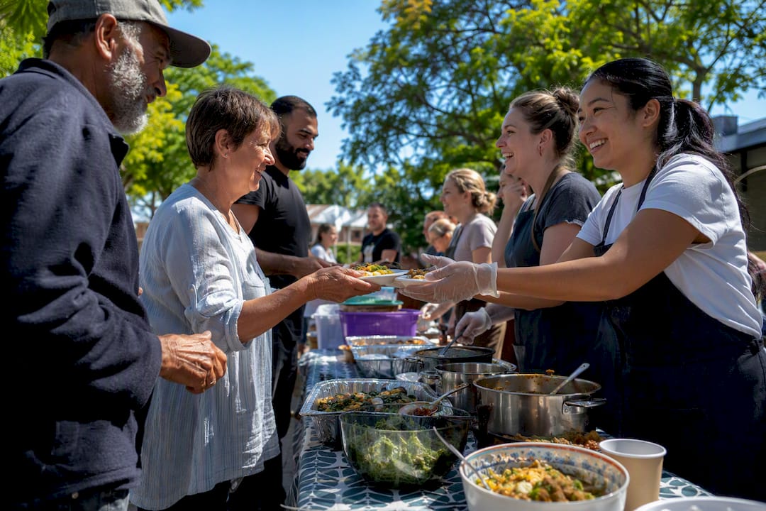 Church volunteers serving food together