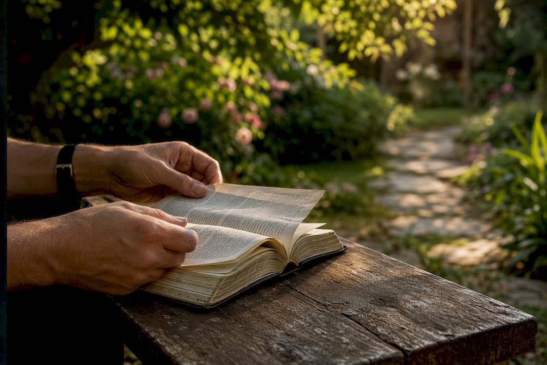 Hands opening Bible on church pew