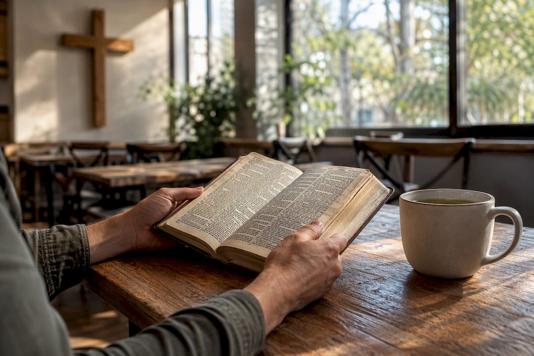 Hands holding open Bible in church study