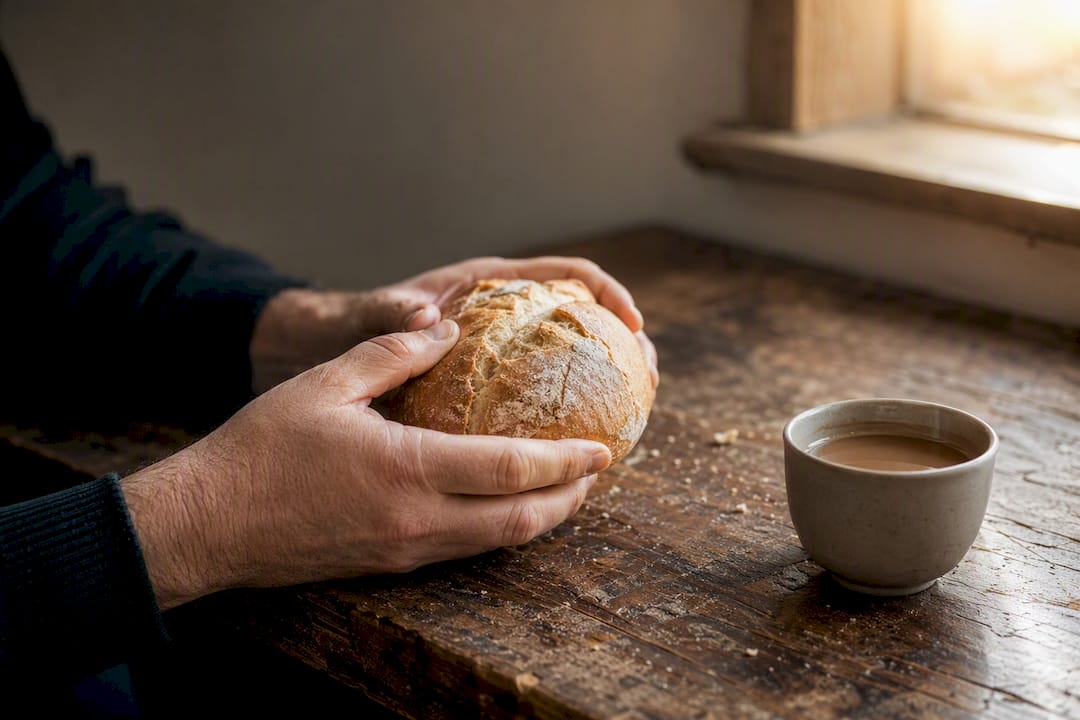 Hands holding bread to bless meal