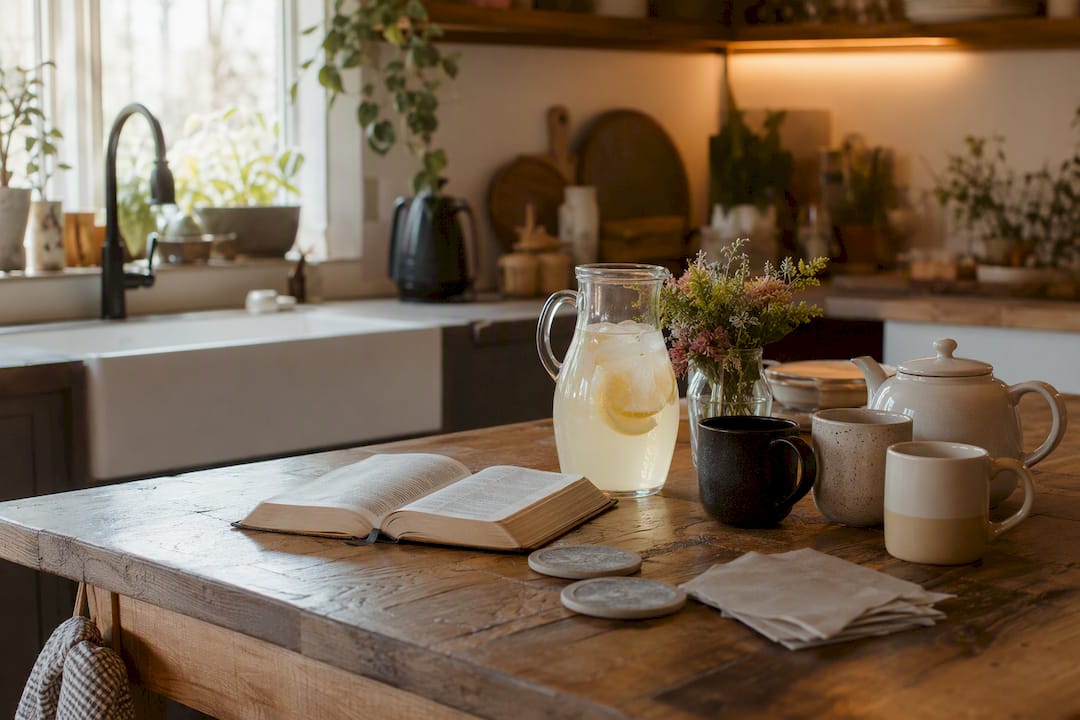 Casual home table with tea and Bible