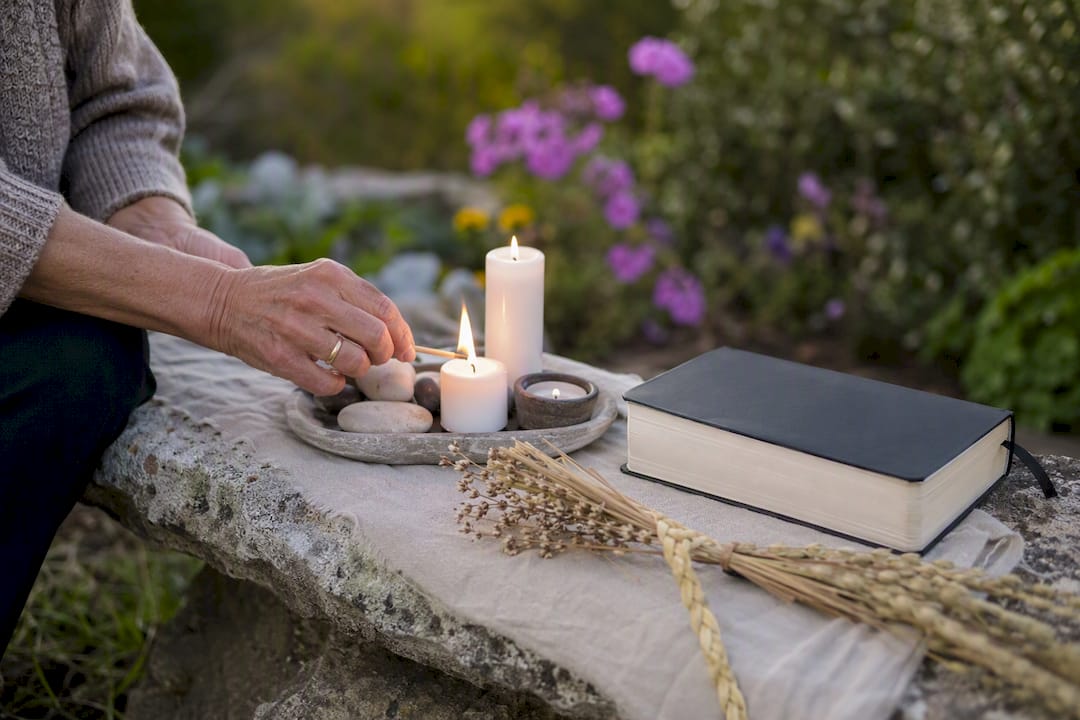 Hands lighting a candle at a simple faith altar