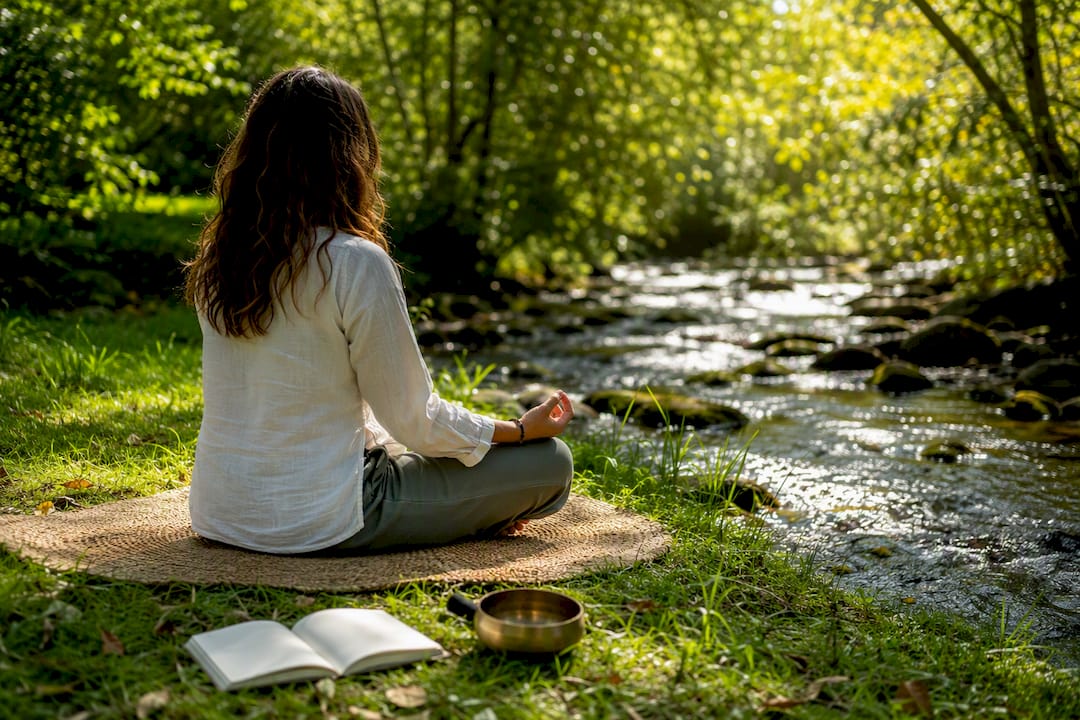 Person meditating cross-legged in park at sunrise
