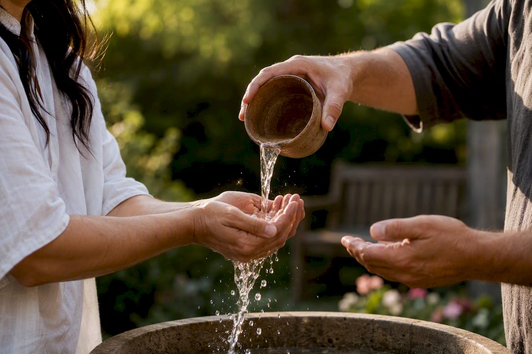 Hands pouring water at baptism ceremony