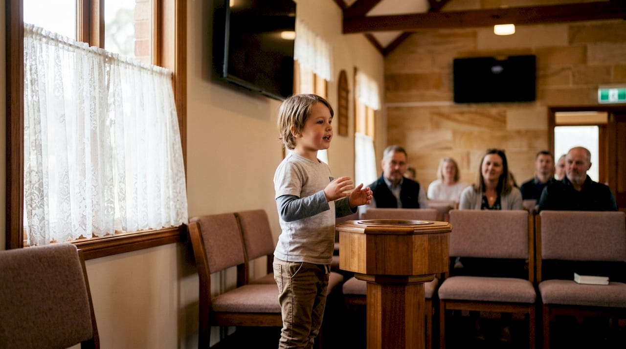 Child giving baptism testimony inside church