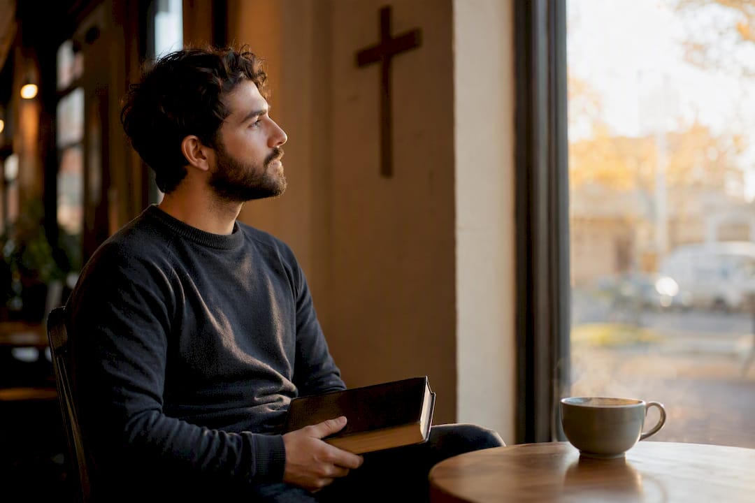 Man quietly holding a Bible in peaceful room