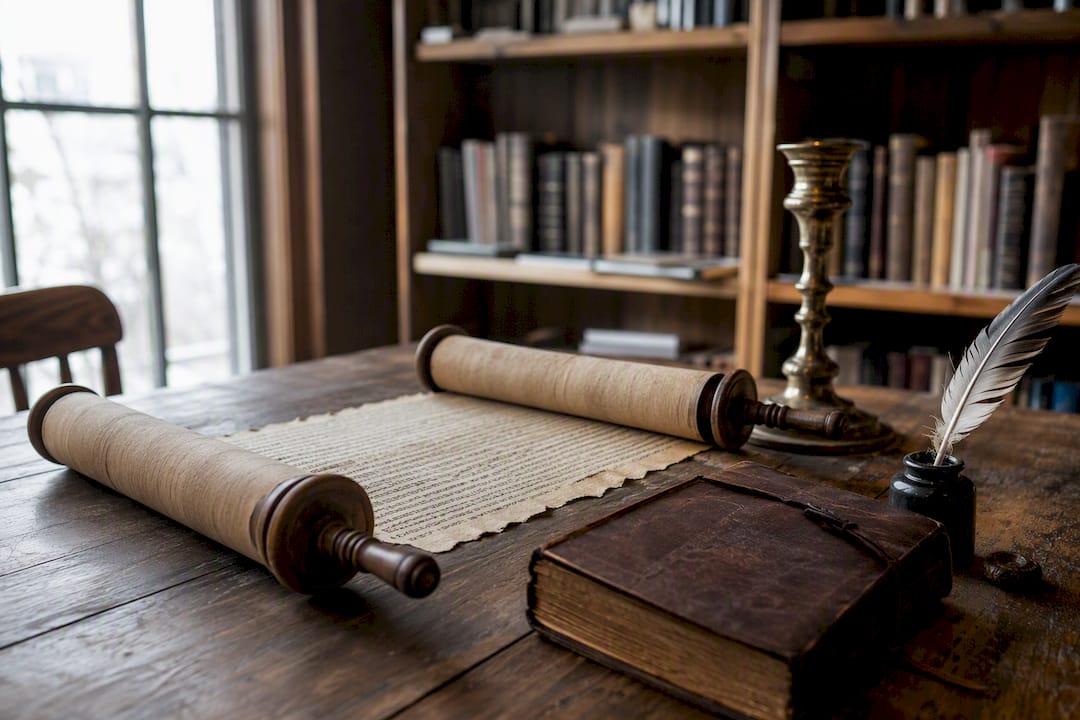 Ancient scroll and Bible on wooden table