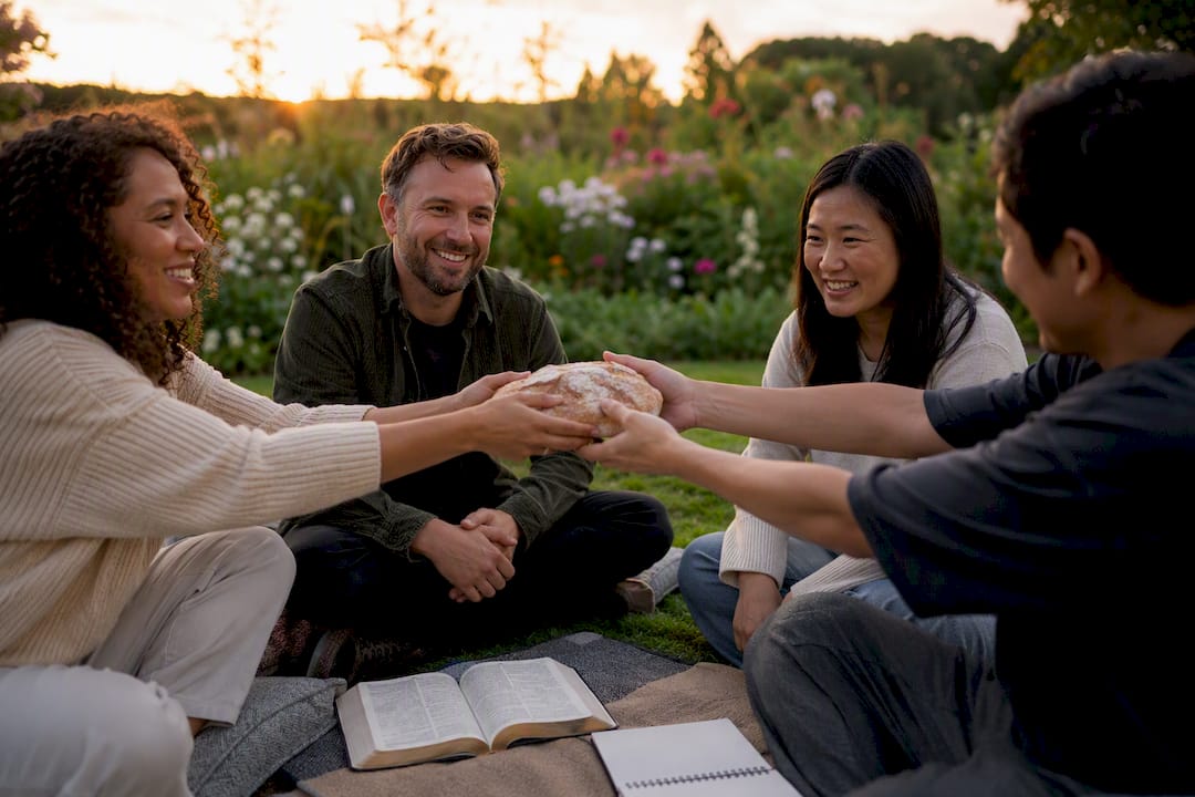 Church community sharing bread in prayer circle