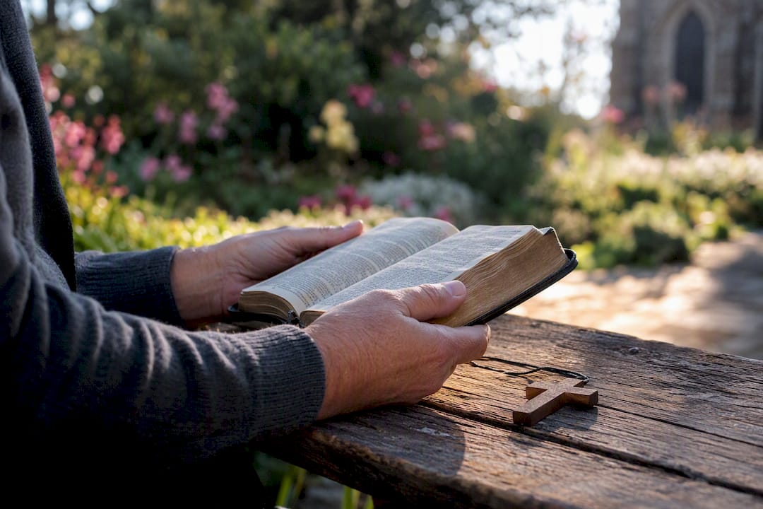 Hands holding open Bible on wooden pew