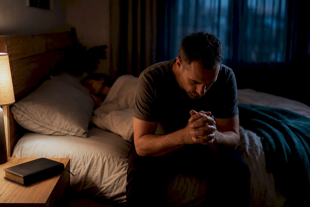 Person praying beside a sleeping loved one