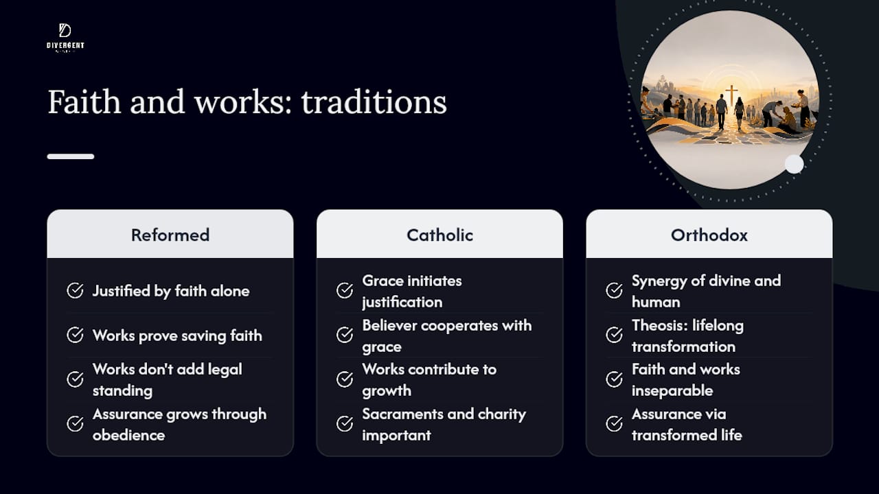 What the major Christian traditions teach about faith and works — overview diagram