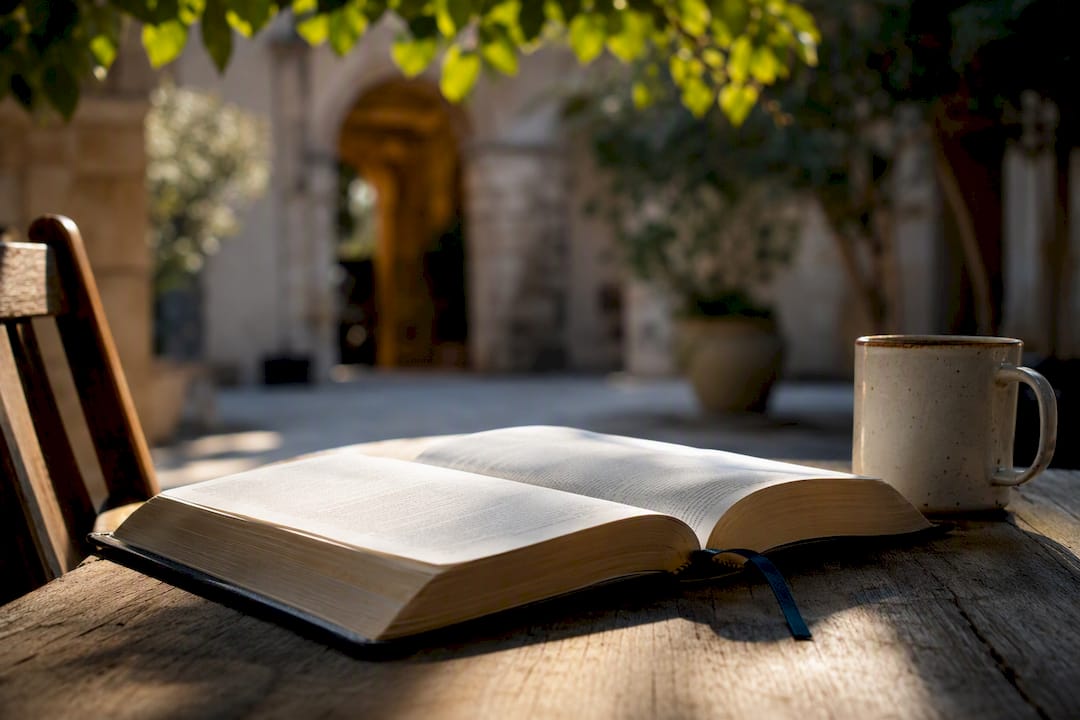 Open Bible in a quiet church courtyard