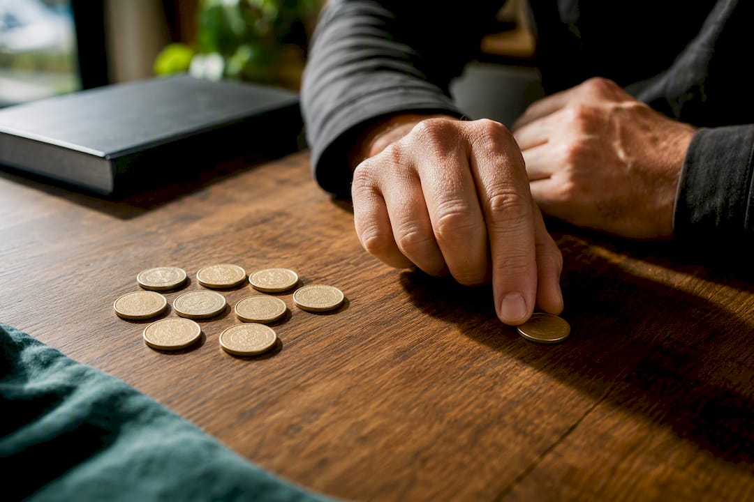 Hands setting aside one coin from ten